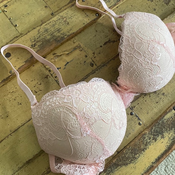 BODYCON LACE PUSHUP BRA STRETCH GIRLY PINK LACE PUSH-UP BRA 36C PINUP - Picture 3 of 11
